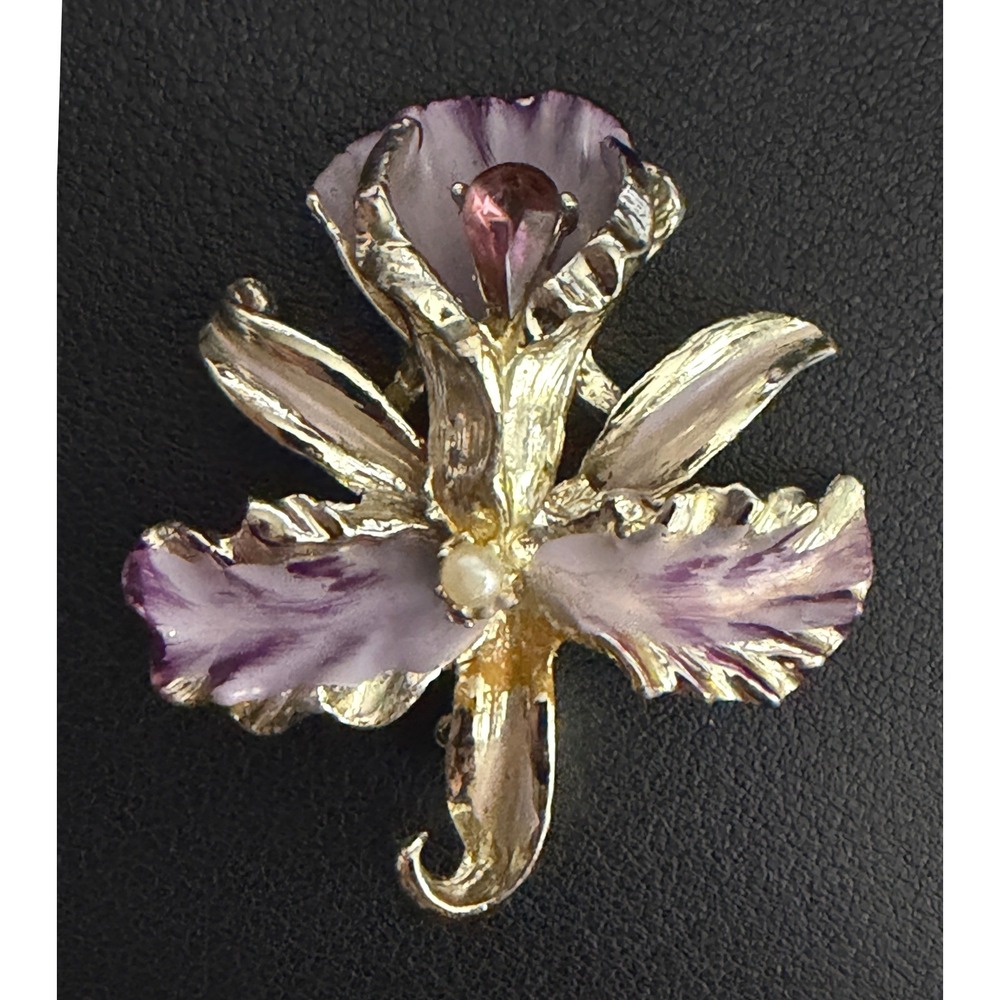 Vintage Orchid Brooch Enamel Flower Purple Rhinestone Silver Tone